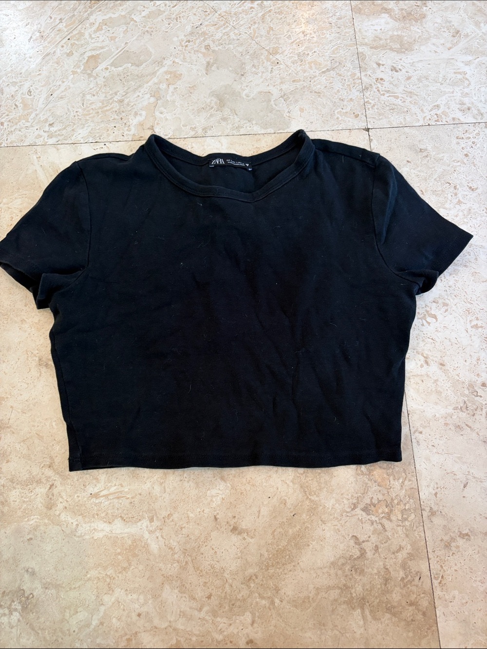 ZARA Black Cropped Crew Neck Tee